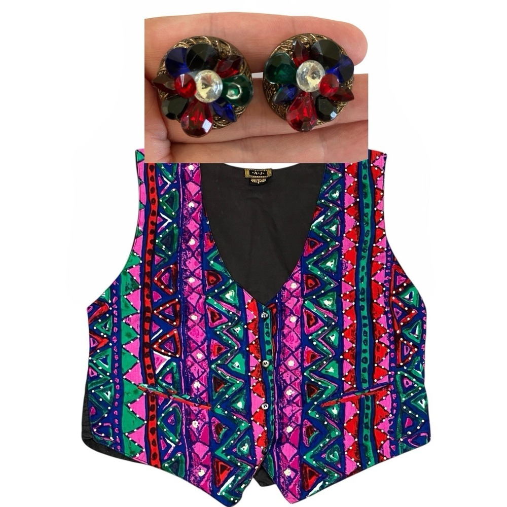 Vtg. 80's‎ Vest Women's S Maximalist Eclectic Teacher Bold Earrings Quirky Artsy